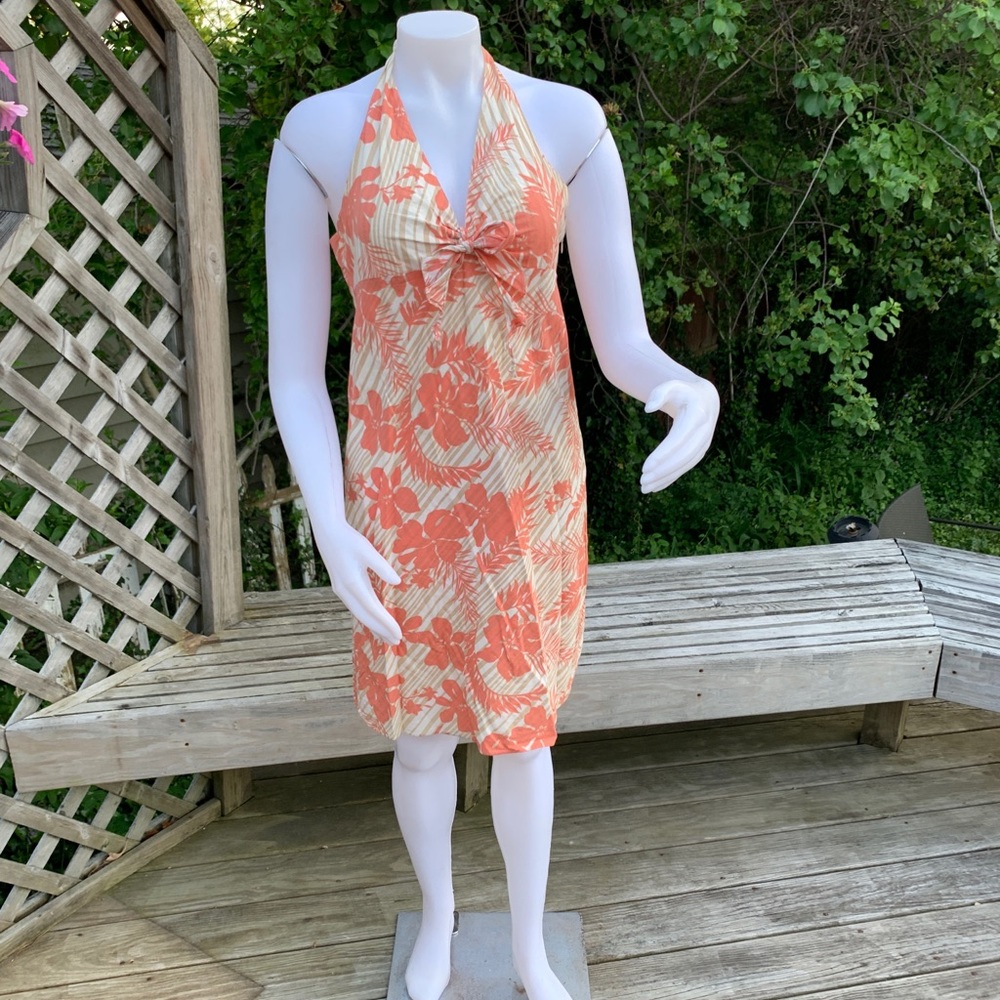 Salmon & tan Hawaiian print short halter  dress